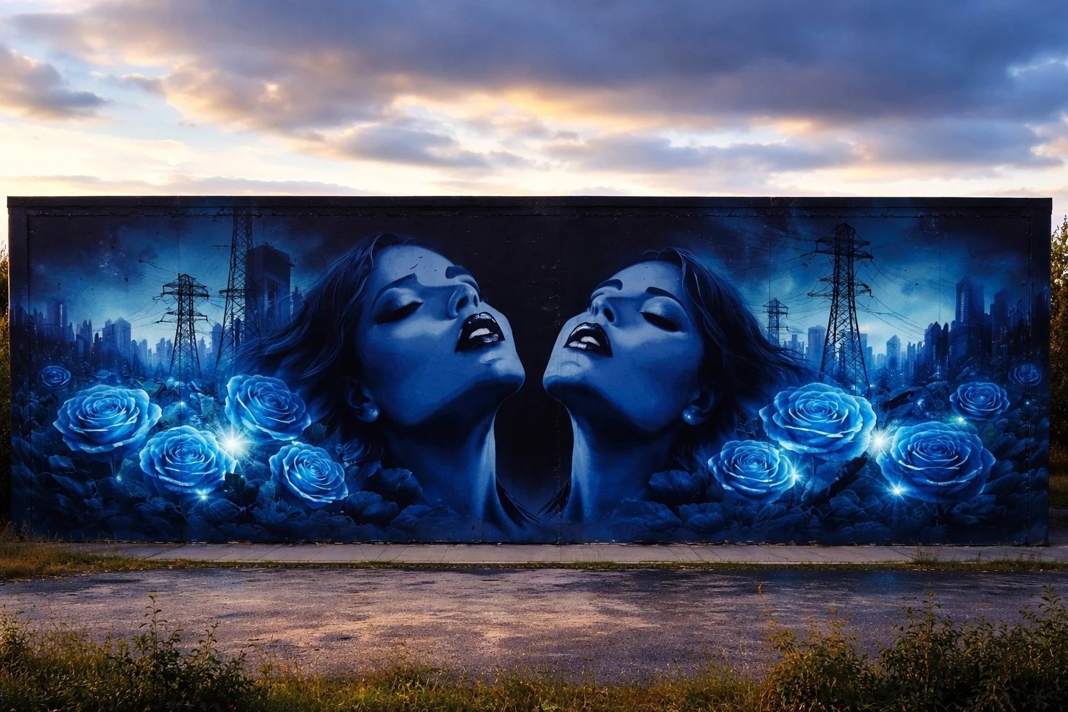 GraffixAK Wandbild mit zwei blauen Frauenportraits, Rosen und Stadtsilhouetten